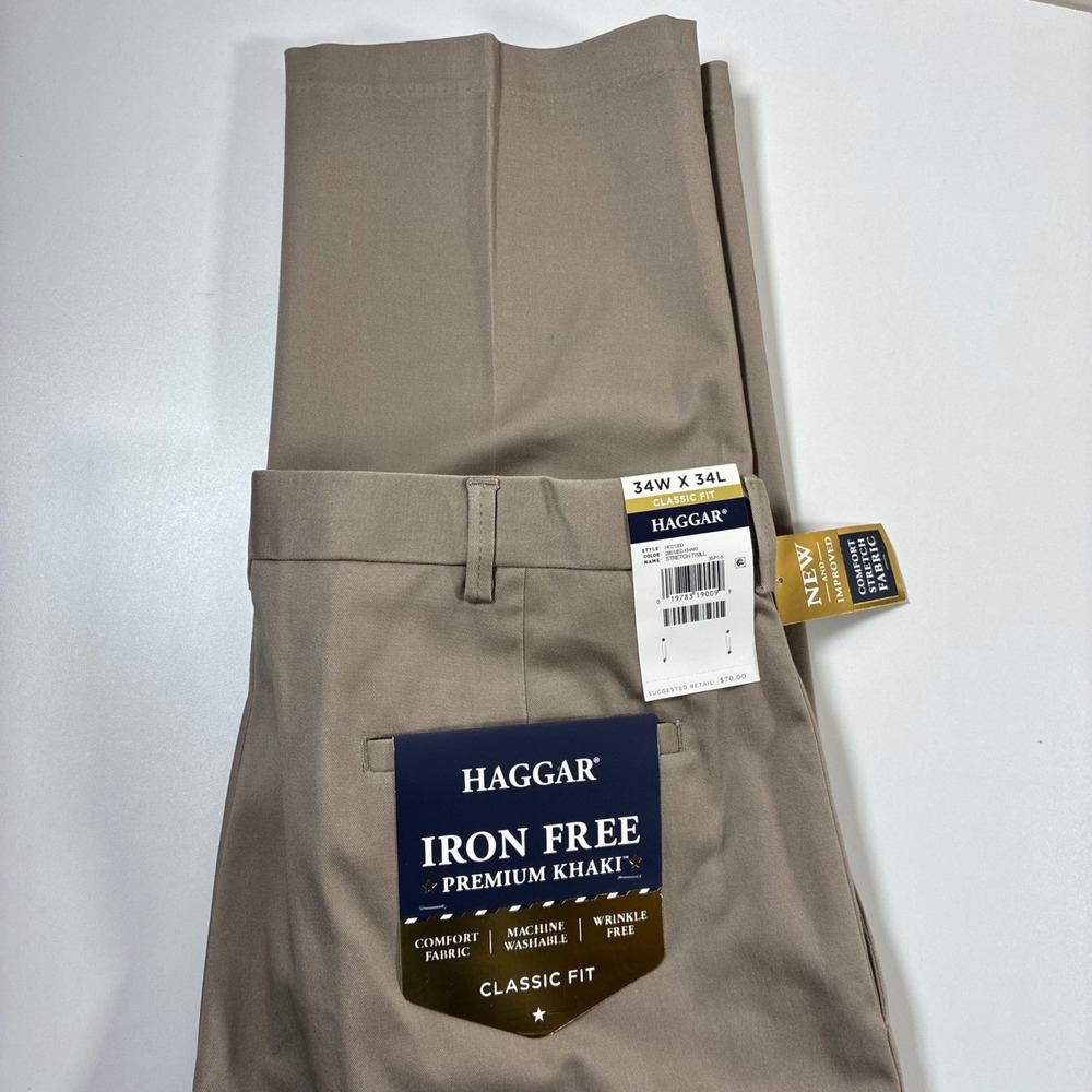 NEW‎ Haggar Premium Khaki Pants 34x34 Tan Iron Free Classic Fit HC01000